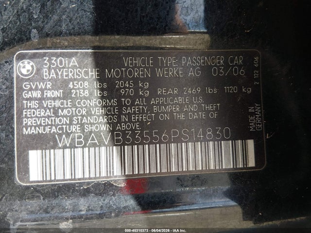 Продаж на аукціоні авто 2006 Bmw 330i, vin: WBAVB33556PS14830, номер лоту: 45310373