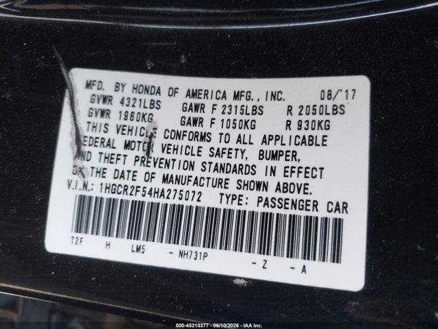 45310377 :رقم المزاد ، 1HGCR2F54HA275072 vin ، 2017 Honda Accord Sport مزاد بيع