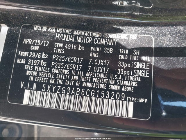 Продаж на аукціоні авто 2012 Hyundai Santa Fe Gls, vin: 5XYZG3AB6CG153209, номер лоту: 45310386