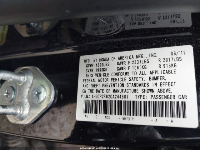 45310393 :رقم المزاد ، 1HGCP2F62CA244507 vin ، 2012 Honda Accord 2.4 Se مزاد بيع