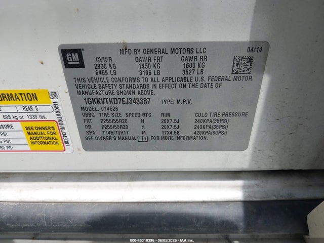 Aukcja sprzedaży 2014 Gmc Acadia Denali, vin: 1GKKVTKD7EJ343387, numer aukcji: 45310396