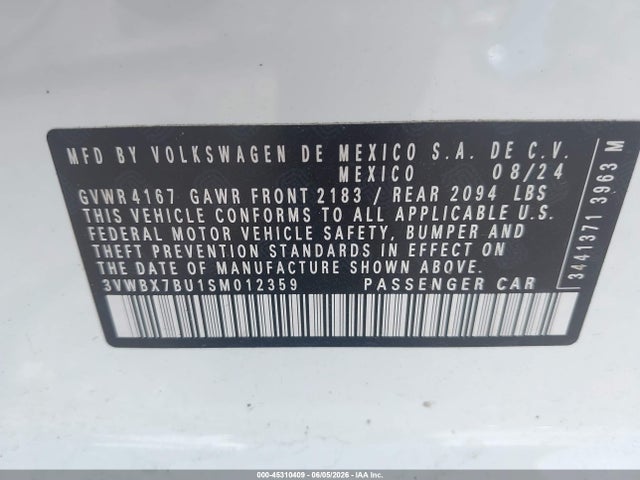 Aukcja sprzedaży 2025 Volkswagen Jetta 1.5t Sport, vin: 3VWBX7BU1SM012359, numer aukcji: 45310409