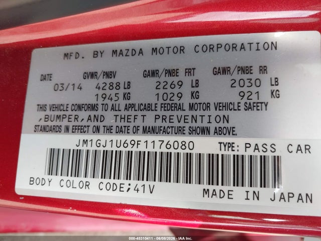 45310411 :رقم المزاد ، JM1GJ1U69F1176080 vin ، 2015 Mazda Mazda6 I Sport مزاد بيع