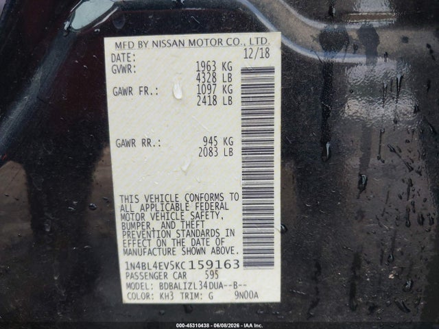 2019 Nissan Altima 2.5 Sl მანქანა იყიდება აუქციონზე, vin: 1N4BL4EV5KC159163, აუქციონის ნომერი: 45310438