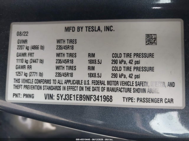 2022 Tesla Model 3 Long Range Dual Motor All-wheel Drive მანქანა იყიდება აუქციონზე, vin: 5YJ3E1EB9NF341968, აუქციონის ნომერი: 45310445