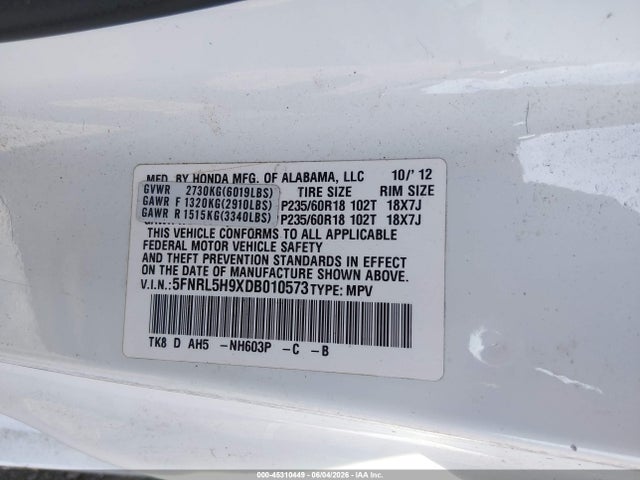 2013 Honda Odyssey Touring/touring Elite მანქანა იყიდება აუქციონზე, vin: 5FNRL5H9XDB010573, აუქციონის ნომერი: 45310449