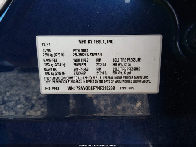 45310450 :رقم المزاد ، 7SAYGDEF7NF310239 vin ، 2022 Tesla Model Y Performance Dual Motor All-wheel Drive مزاد بيع