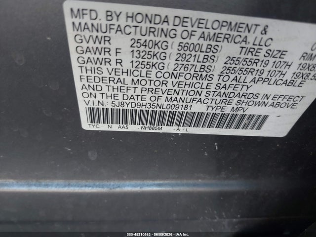 45310463 :رقم المزاد ، 5J8YD9H35NL009181 vin ، 2022 Acura Mdx Standard مزاد بيع