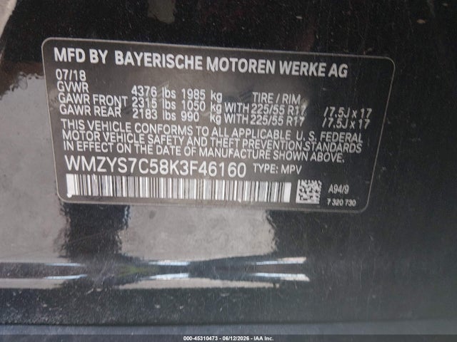 45310473 :رقم المزاد ، WMZYS7C58K3F46160 vin ، 2019 Mini Countryman Cooper مزاد بيع