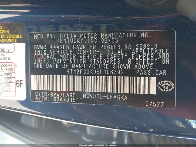 45310477 :رقم المزاد ، 4T1BF30K95U106792 vin ، 2005 Toyota Camry Xle V6 مزاد بيع