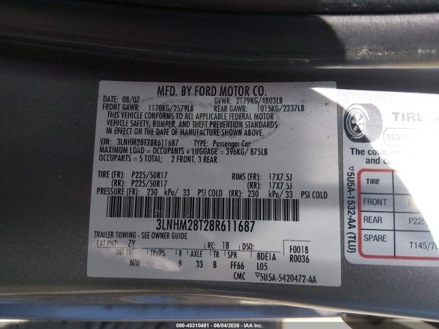 Aukcja sprzedaży 2008 Lincoln Mkz, vin: 3LNHM28T28R611687, numer aukcji: 45310481