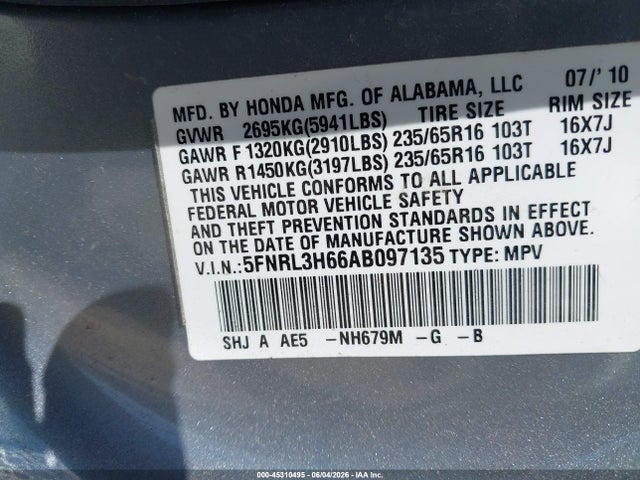 Продаж на аукціоні авто 2010 Honda Odyssey Ex-l, vin: 5FNRL3H66AB097135, номер лоту: 45310495