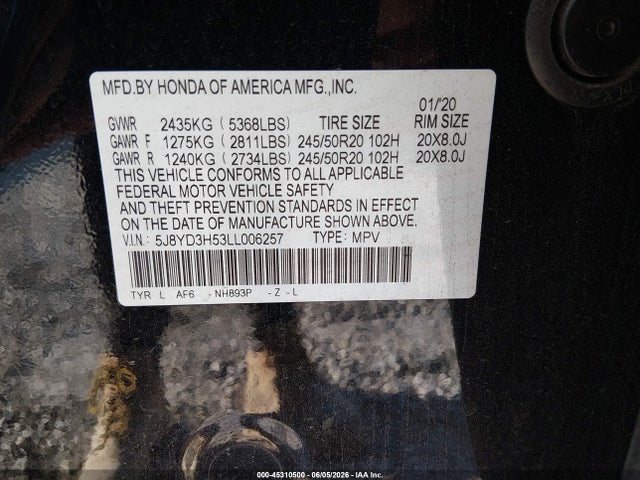 45310500 :رقم المزاد ، 5J8YD3H53LL006257 vin ، 2020 Acura Mdx Technology Package مزاد بيع