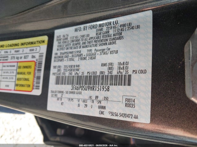 Aukcja sprzedaży 2017 Ford Fusion Energi Titanium, vin: 3FA6P0SU9HR151958, numer aukcji: 45310521