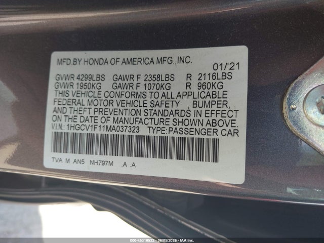2021 Honda Accord Lx მანქანა იყიდება აუქციონზე, vin: 1HGCV1F11MA037323, აუქციონის ნომერი: 45310522