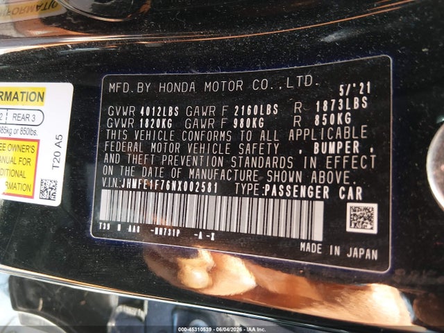 Продажа на аукционе авто 2022 Honda Civic Ex, vin: JHMFE1F76NX002581, номер лота: 45310539