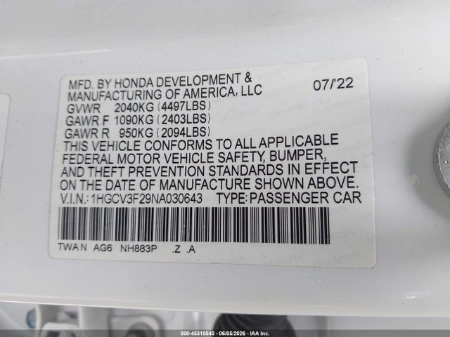 1HGCV3F29NA030643 Honda Accord Hybrid Sport