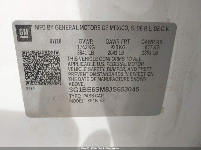 45310554 :رقم المزاد ، 3G1BE6SM8JS653045 vin ، 2018 Chevrolet Cruze Lt Auto مزاد بيع