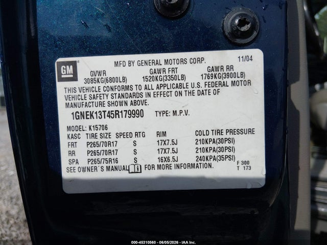 45310560 :رقم المزاد ، 1GNEK13T45R179990 vin ، 2005 Chevrolet Tahoe Z71 مزاد بيع