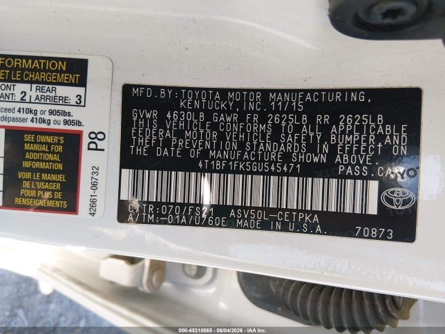 2016 Toyota Camry Se მანქანა იყიდება აუქციონზე, vin: 4T1BF1FK5GU545471, აუქციონის ნომერი: 45310565