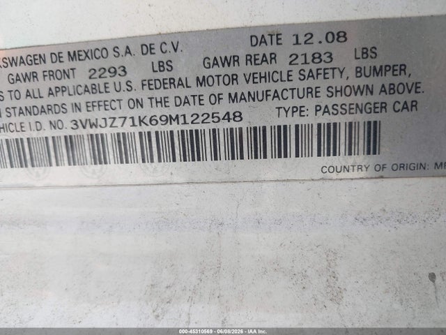 45310569 :رقم المزاد ، 3VWJZ71K69M122548 vin ، 2009 Volkswagen Jetta S مزاد بيع