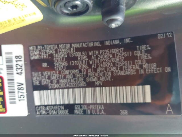 Aukcja sprzedaży 2012 Toyota Sienna Le V6 8 Passenger, vin: 5TDKK3DC4CS225905, numer aukcji: 45310604