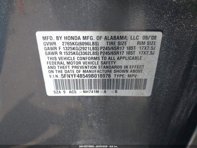 Продажа на аукционе авто 2009 Honda Pilot Ex-l, vin: 5FNYF48549B018976, номер лота: 45310605