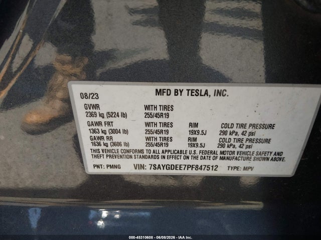 Auction sale of the 2023 Tesla Model Y, vin: 7SAYGDEE7PF847512, lot number: 45310608