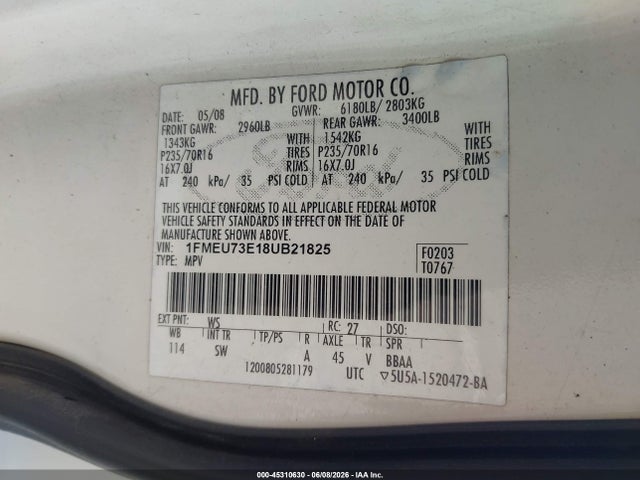45310630 :رقم المزاد ، 1FMEU73E18UB21825 vin ، 2008 Ford Explorer Xlt مزاد بيع