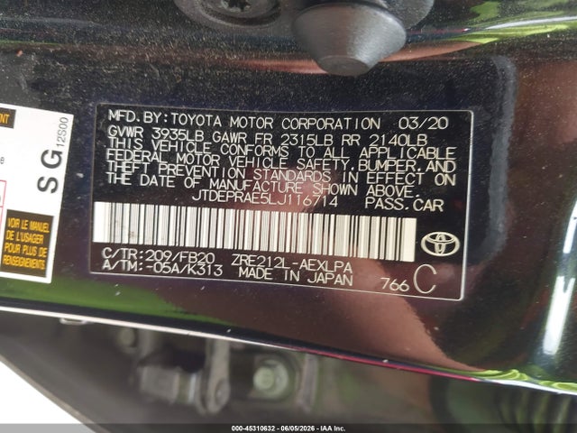 45310632 :رقم المزاد ، JTDEPRAE5LJ116714 vin ، 2020 Toyota Corolla Le مزاد بيع
