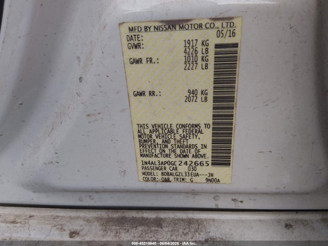 Aukcja sprzedaży 2016 Nissan Altima 2.5 S, vin: 1N4AL3AP0GC242665, numer aukcji: 45310640