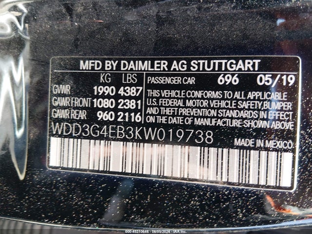 WDD3G4EB3KW019738 Mercedes-Benz A 220
