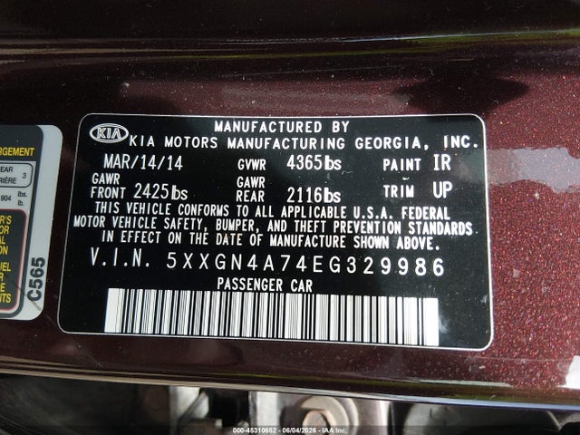5XXGN4A74EG329986 KIA OPTIMA EX