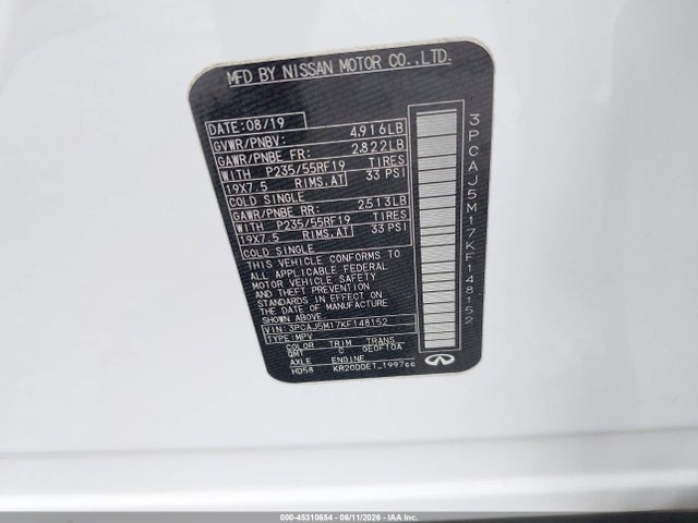 2019 Infiniti Qx50 Luxe მანქანა იყიდება აუქციონზე, vin: 3PCAJ5M17KF148152, აუქციონის ნომერი: 45310654
