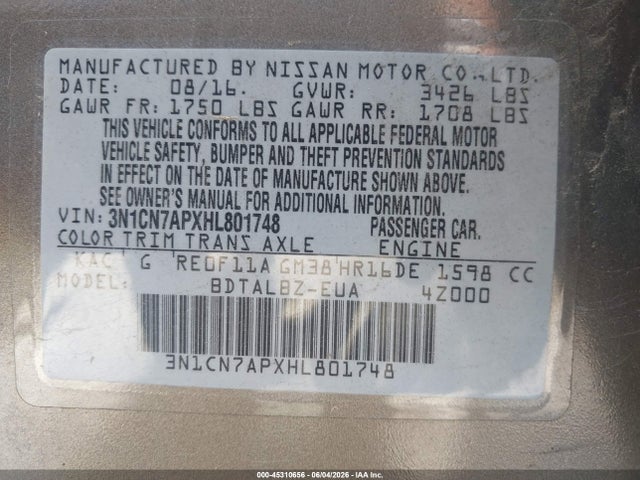 Aukcja sprzedaży 2017 Nissan Versa 1.6 Sv, vin: 3N1CN7APXHL801748, numer aukcji: 45310656