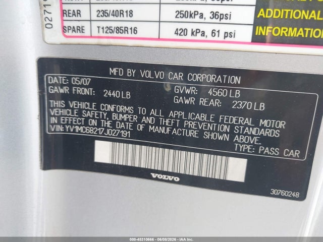 2007 Volvo C70 T5 მანქანა იყიდება აუქციონზე, vin: YV1MC68217J027191, აუქციონის ნომერი: 45310666