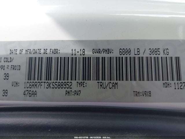 Aukcja sprzedaży 2019 Ram 1500 Classic St, vin: 1C6RR7FT3KS588952, numer aukcji: 45310706