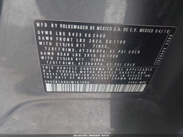 45310704 :رقم المزاد ، 3VV2B7AX0JM151394 vin ، 2018 Volkswagen Tiguan 2.0t Se/2.0t Sel مزاد بيع