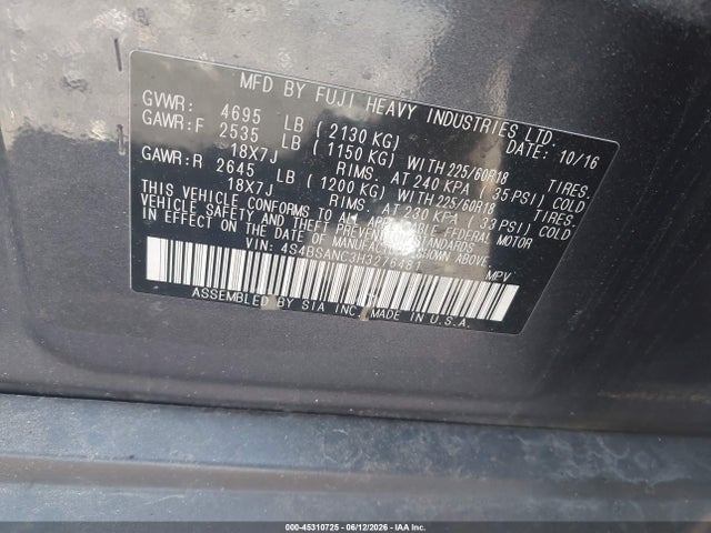 Aukcja sprzedaży 2017 Subaru Outback 2.5i Limited, vin: 4S4BSANC3H3276481, numer aukcji: 45310725