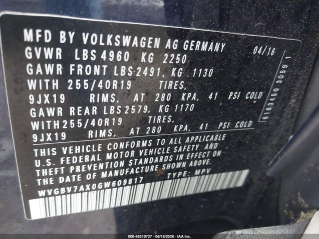 Aukcja sprzedaży 2016 Volkswagen Tiguan Sel, vin: WVGBV7AX0GW609817, numer aukcji: 45310727