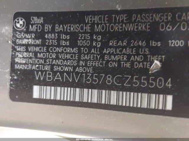 Aukcja sprzedaży 2008 Bmw 528xi, vin: WBANV13578CZ55504, numer aukcji: 45310735