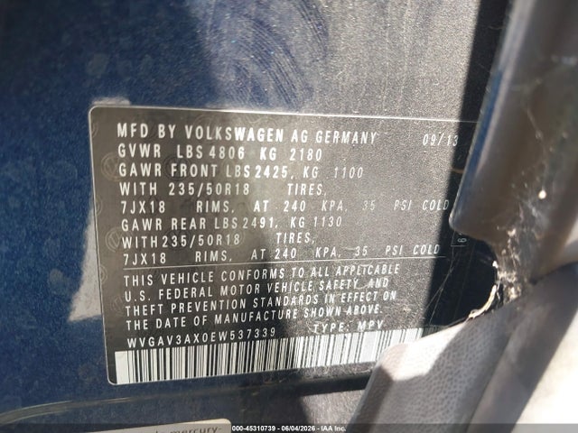 Продаж на аукціоні авто 2014 Volkswagen Tiguan Sel, vin: WVGAV3AX0EW537339, номер лоту: 45310739