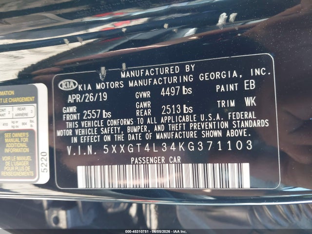 Auction sale of the 2019 Kia Optima Lx, vin: 5XXGT4L34KG371103, lot number: 45310751