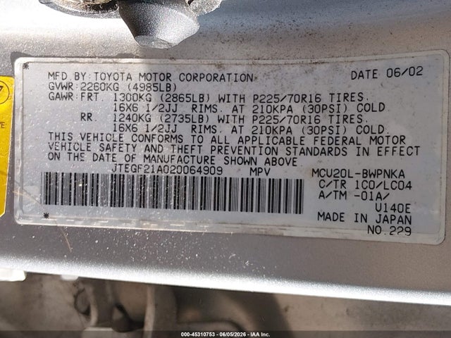 Продаж на аукціоні авто 2002 Toyota Highlander Limited V6, vin: JTEGF21A020064909, номер лоту: 45310753