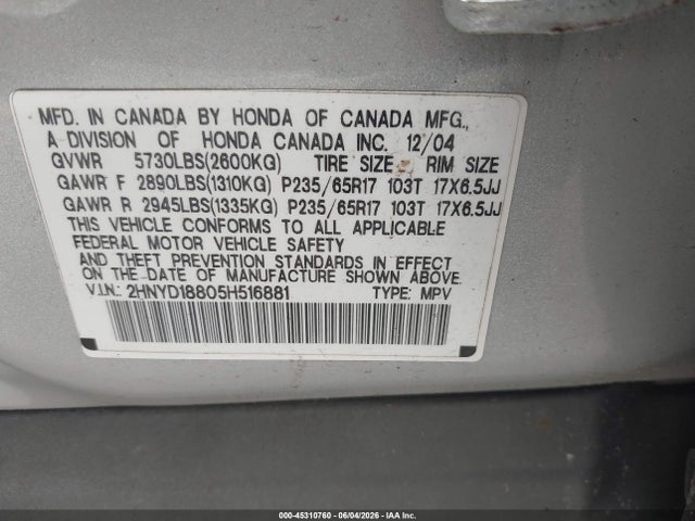 Aukcja sprzedaży 2005 Acura Mdx, vin: 2HNYD18805H516881, numer aukcji: 45310760