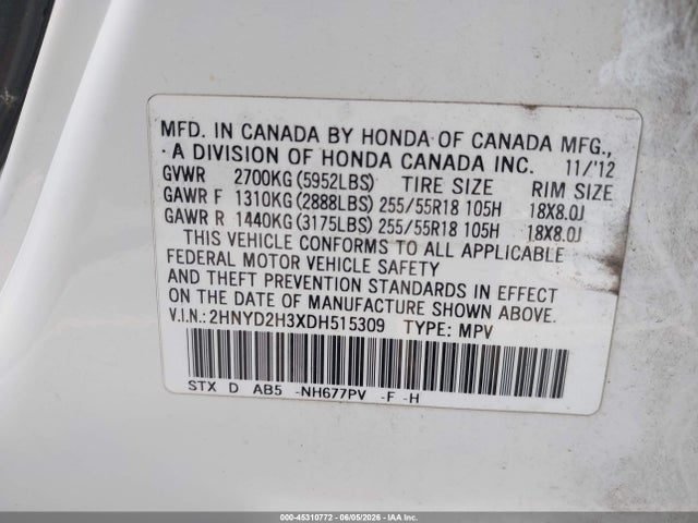 Продаж на аукціоні авто 2013 Acura Mdx Technology Package, vin: 2HNYD2H3XDH515309, номер лоту: 45310772