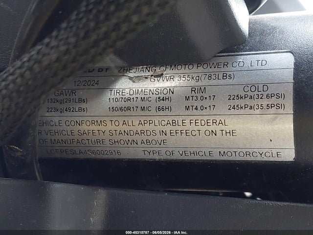 Продаж на аукціоні авто 2025 Cf Moto 450ss, vin: LCEPESLA4S6002916, номер лоту: 45310787