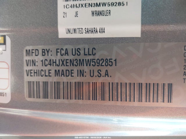 1C4HJXEN3MW592851 Jeep Wrangler Unlimited Sahara 4x4