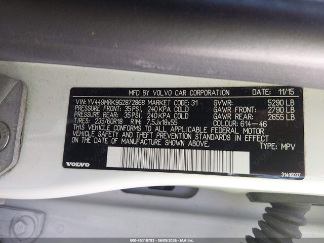 45310793 :رقم المزاد ، YV449MRK9G2872868 vin ، 2016 Volvo Xc60 T6 Drive-e مزاد بيع