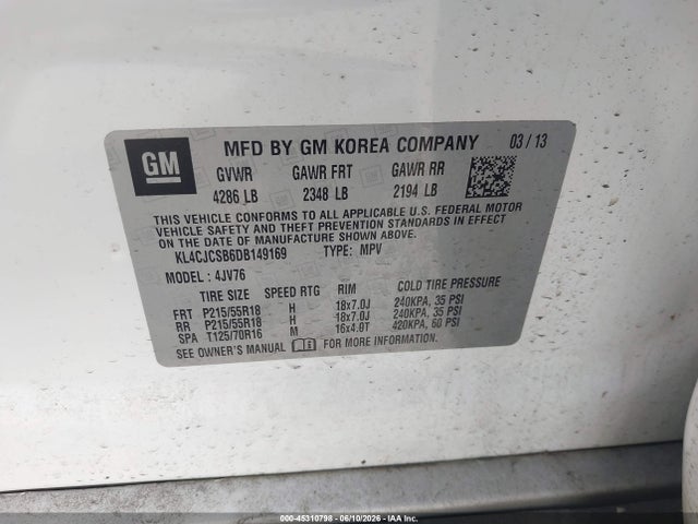 Aukcja sprzedaży 2013 Buick Encore Leather, vin: KL4CJCSB6DB149169, numer aukcji: 45310798